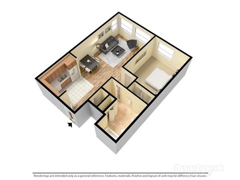 Apartment layout with a kitchen, living room, and two bedrooms.